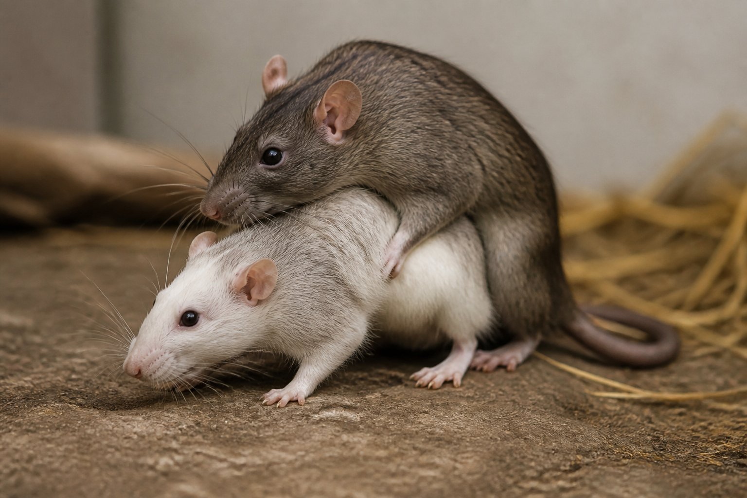 Two adult rats closely interacting during mating on a neutral surface in a natural setting.