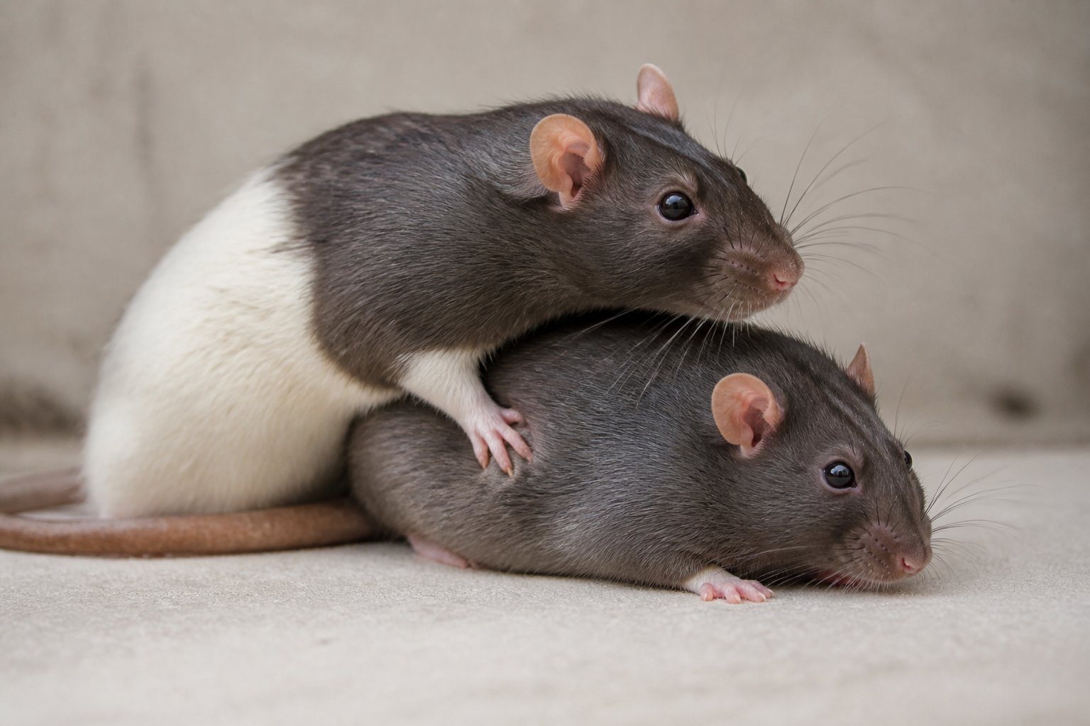 Two adult rats interacting closely on a soft surface, showing typical mating behavior.