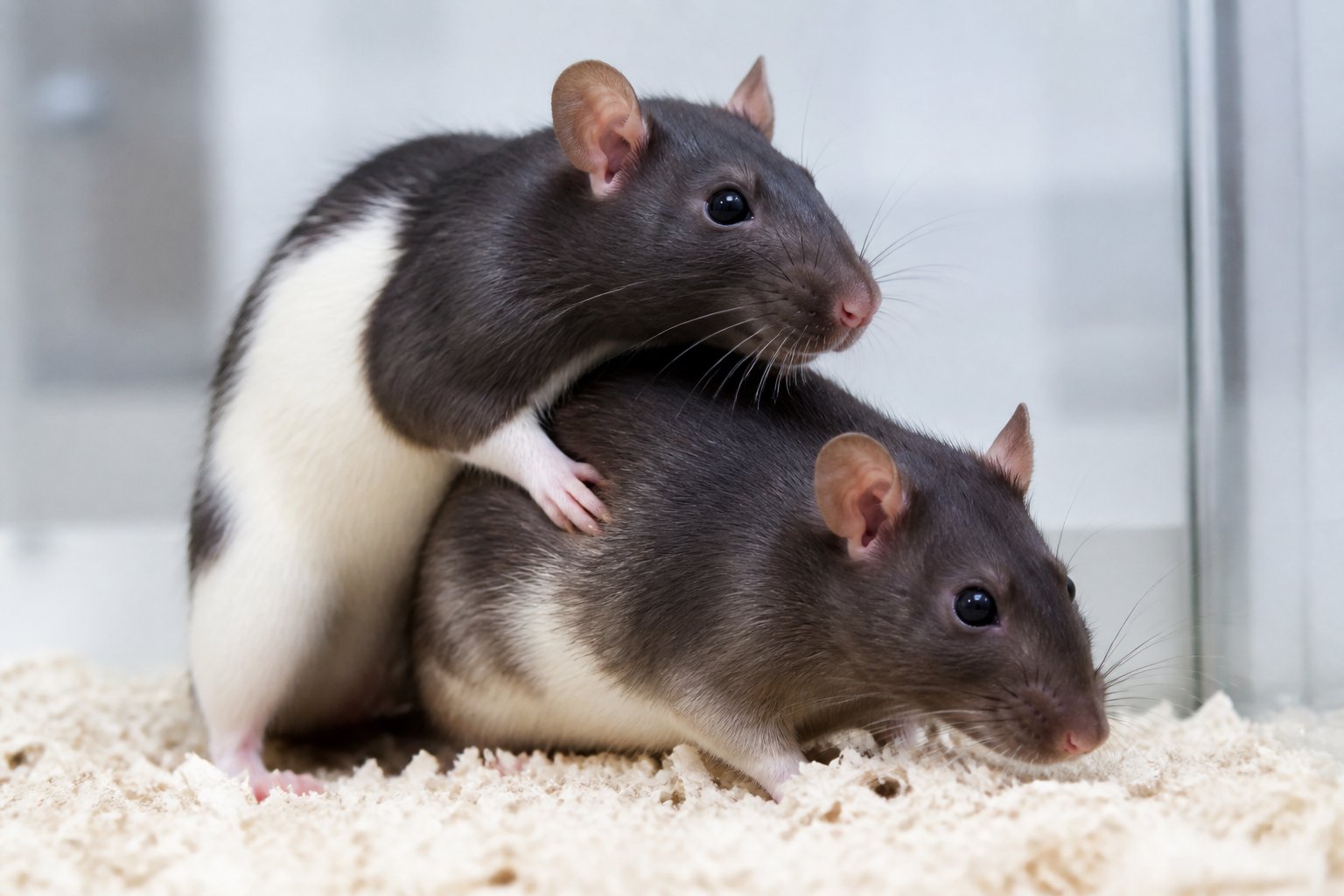 Two adult rats in close interaction in a clean laboratory setting.