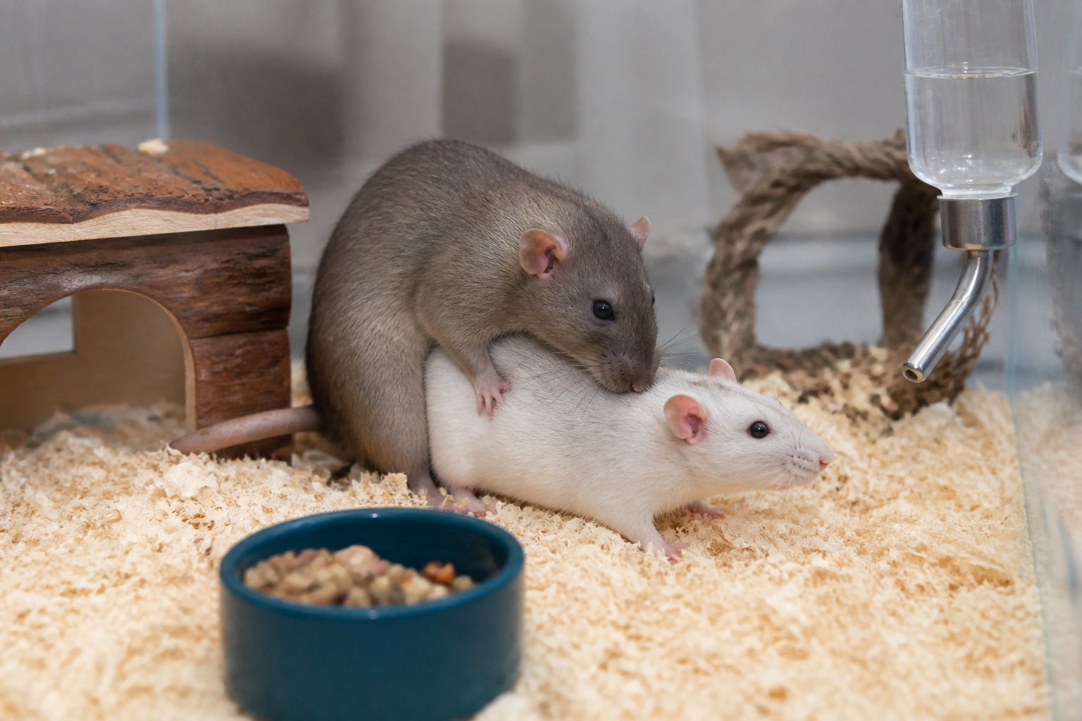 Two adult rats interacting inside a clean and well-maintained breeding enclosure.