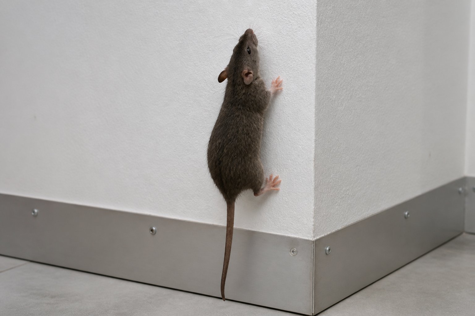 A rat climbing a smooth white indoor wall with protective barriers at the base to prevent access.