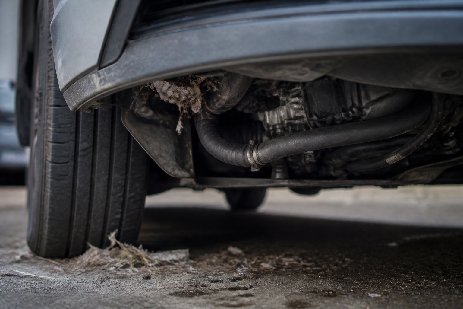 Close-up of a car's underside showing signs of rodent activity near the wheel and engine area.