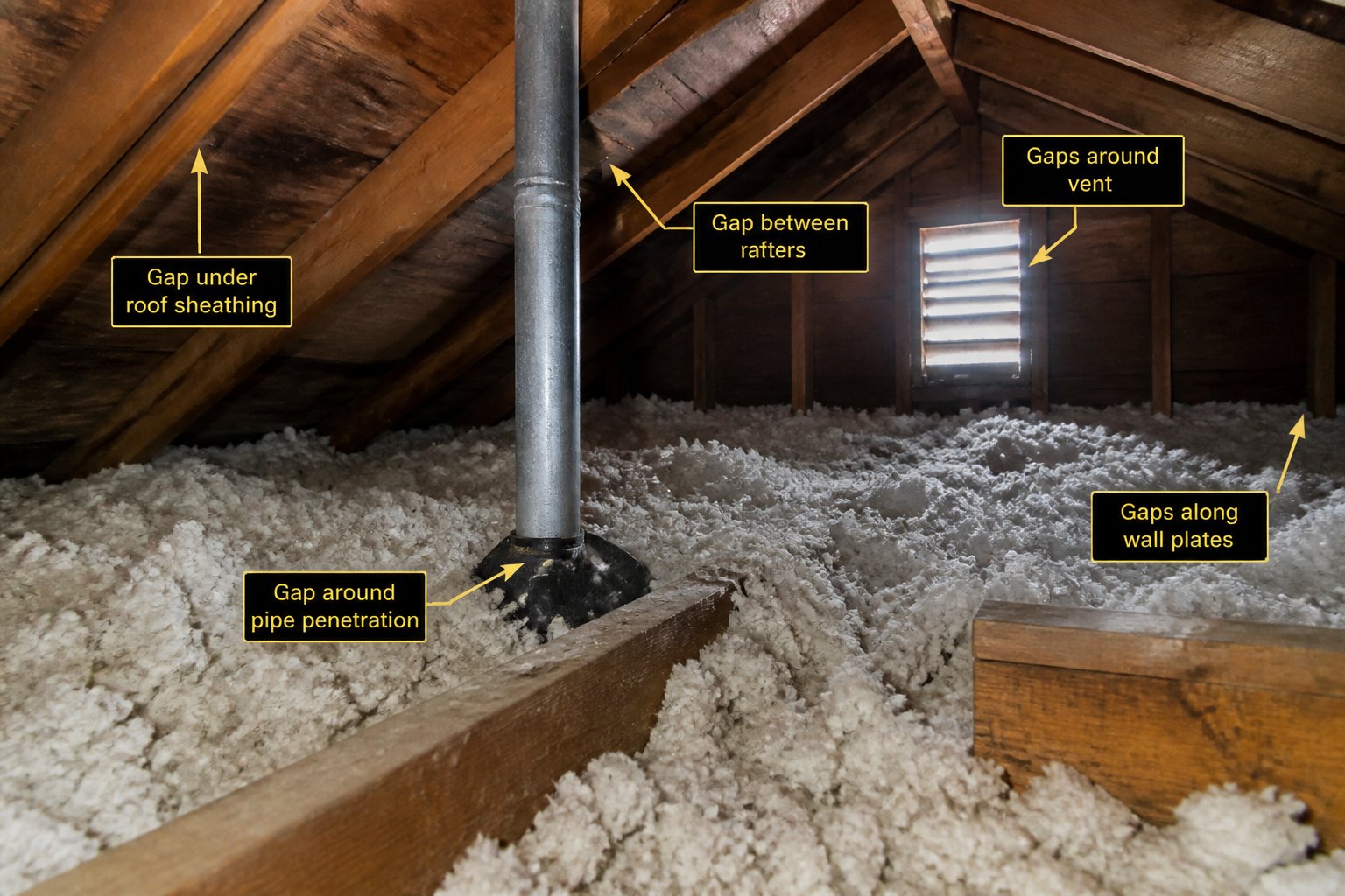 Close-up view of an attic showing gaps and holes around beams and vents where rats could enter.