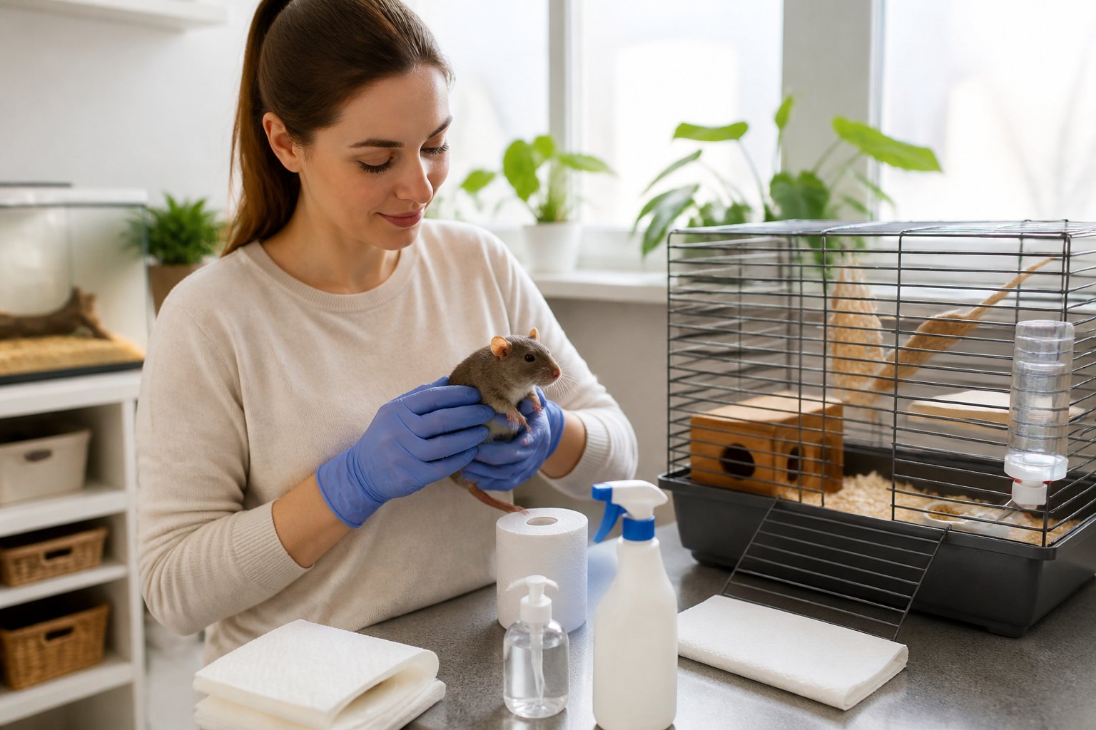 A person wearing gloves gently holding a pet rat in a clean home environment with a sanitized cage and cleaning supplies nearby.