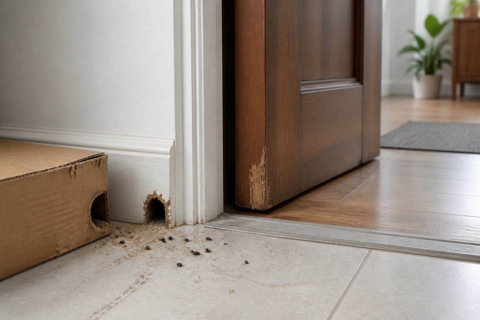 Close-up of a home entrance area showing signs of rats inside, including gnaw marks, droppings, and a small hole near the door.