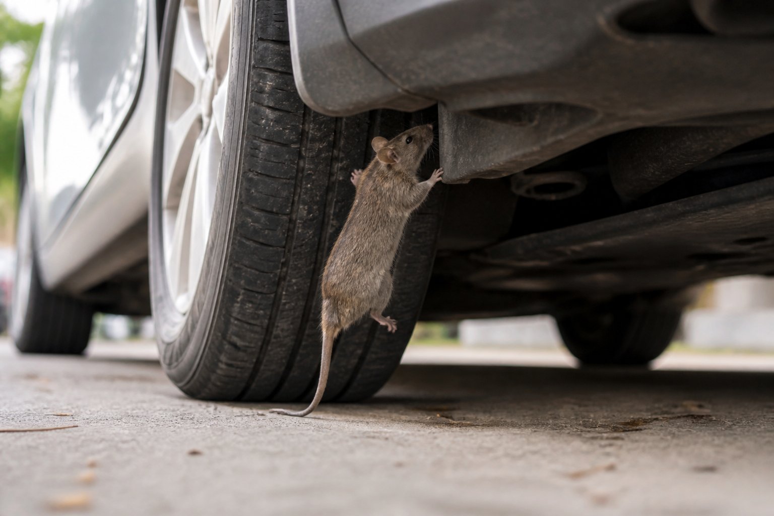 A rat climbing near the front wheel well of a parked car in an outdoor parking lot.