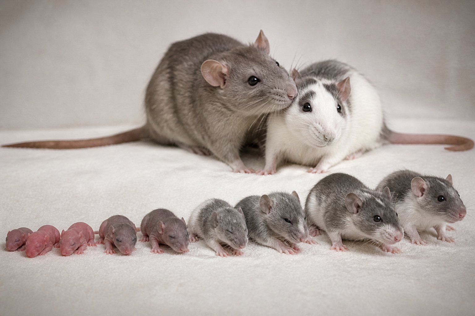 Adult rats interacting with a progression of rat pups at different growth stages representing pregnancy and birth timeline.