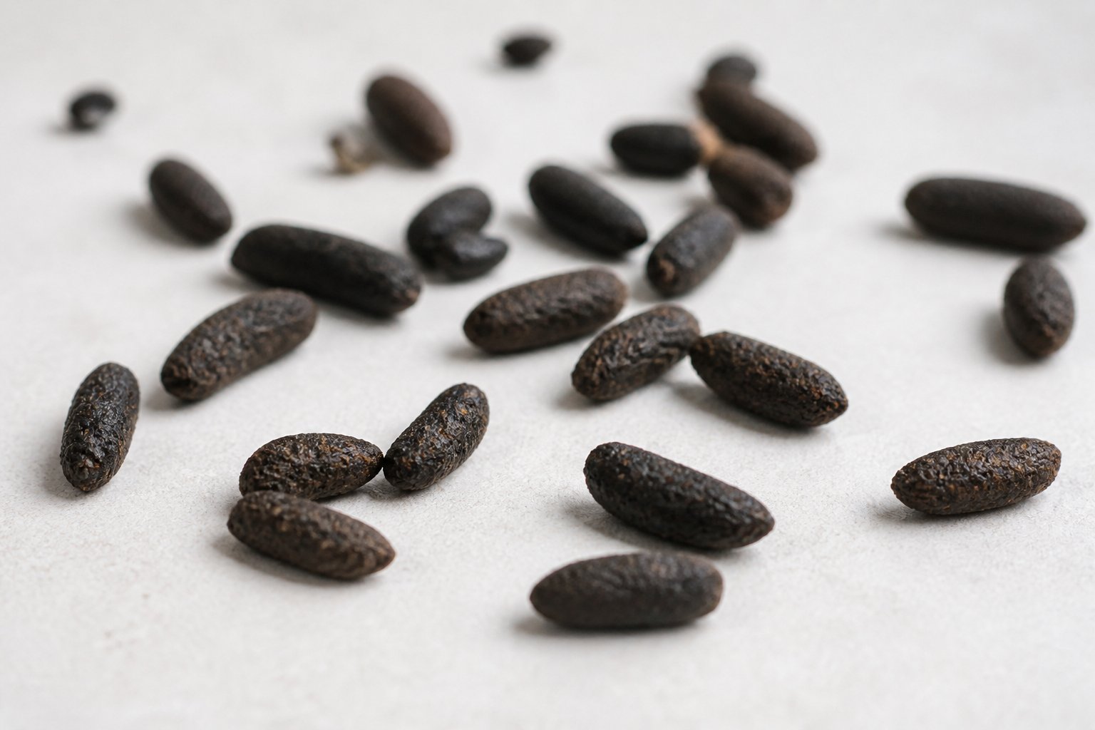Close-up view of small, dark rat droppings scattered on a light surface.