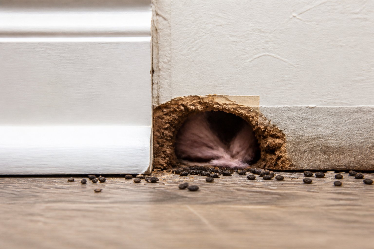 Close-up of a residential wall with a small hole near the baseboard showing signs of rat entry, including gnaw marks and droppings.