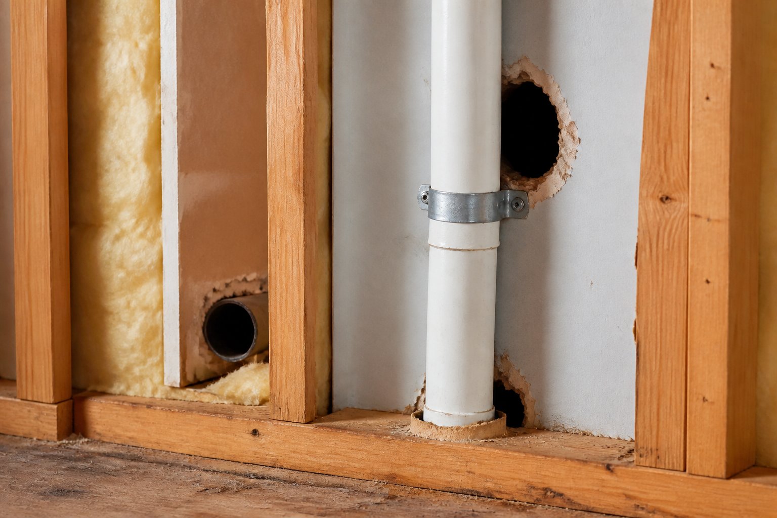 Close-up of a residential wall showing small holes and gaps around pipes and vents where rats can enter.