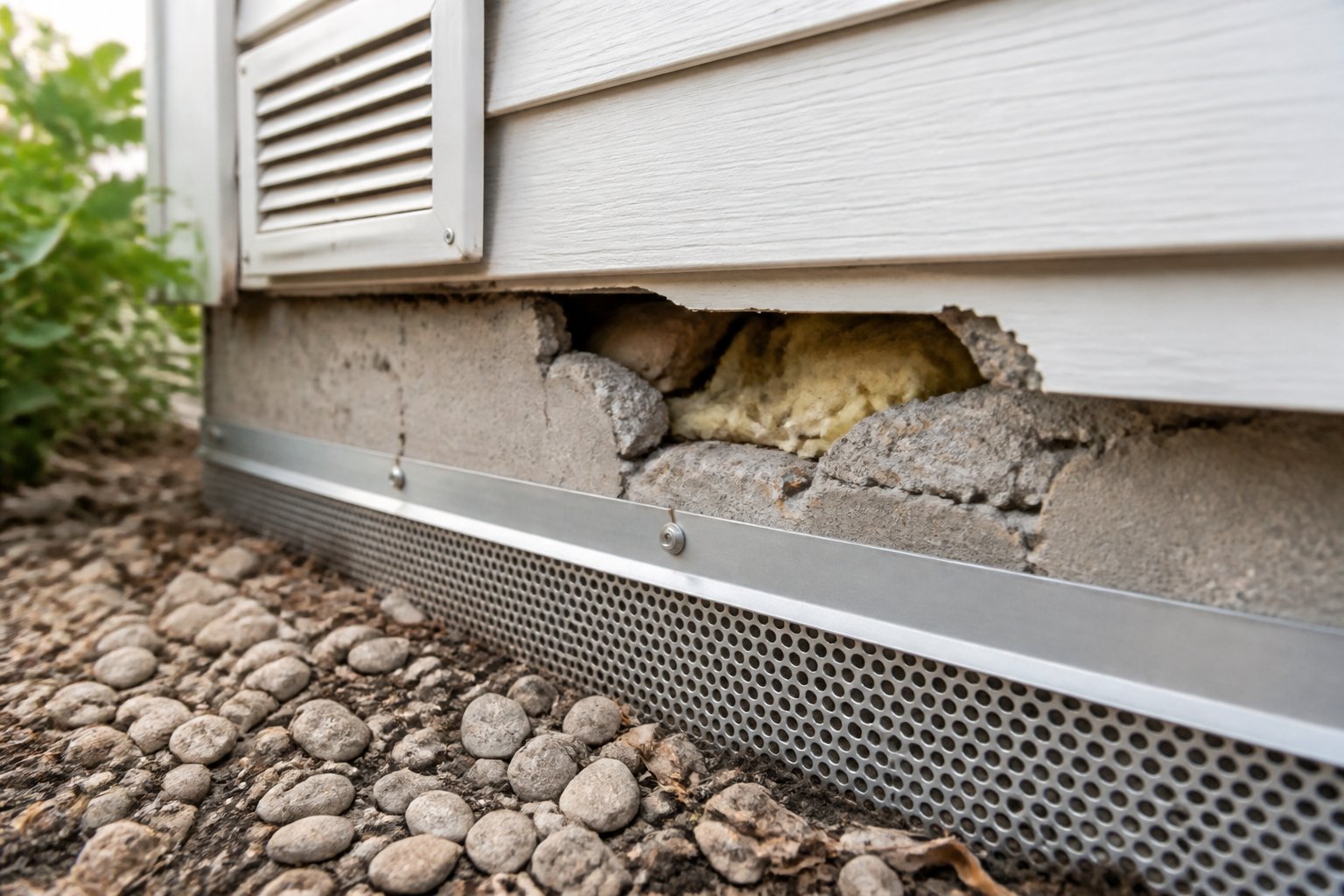 Close-up of a house exterior wall with small cracks and sealed entry points showing pest prevention measures.