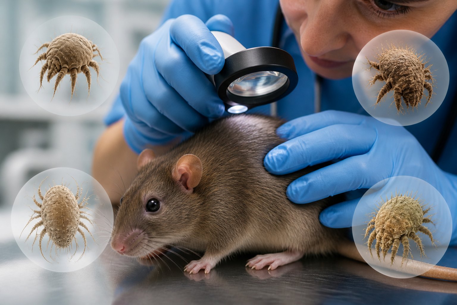 A veterinarian wearing blue gloves closely examining a brown rat with a magnifying glass in a veterinary office.