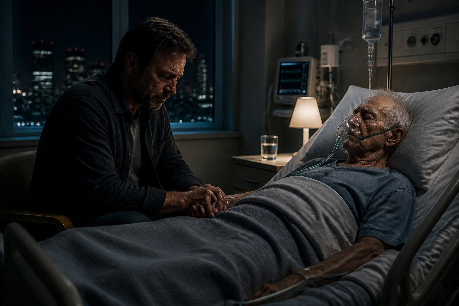 A man sits beside a hospital bed holding the hand of an elderly patient wearing an oxygen mask in a quiet hospital room at night.