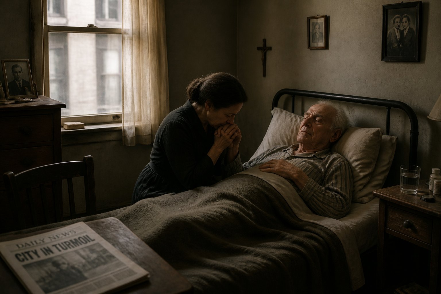 An elderly man lies peacefully on a bed in a modest apartment, surrounded by simple furniture and soft natural light.