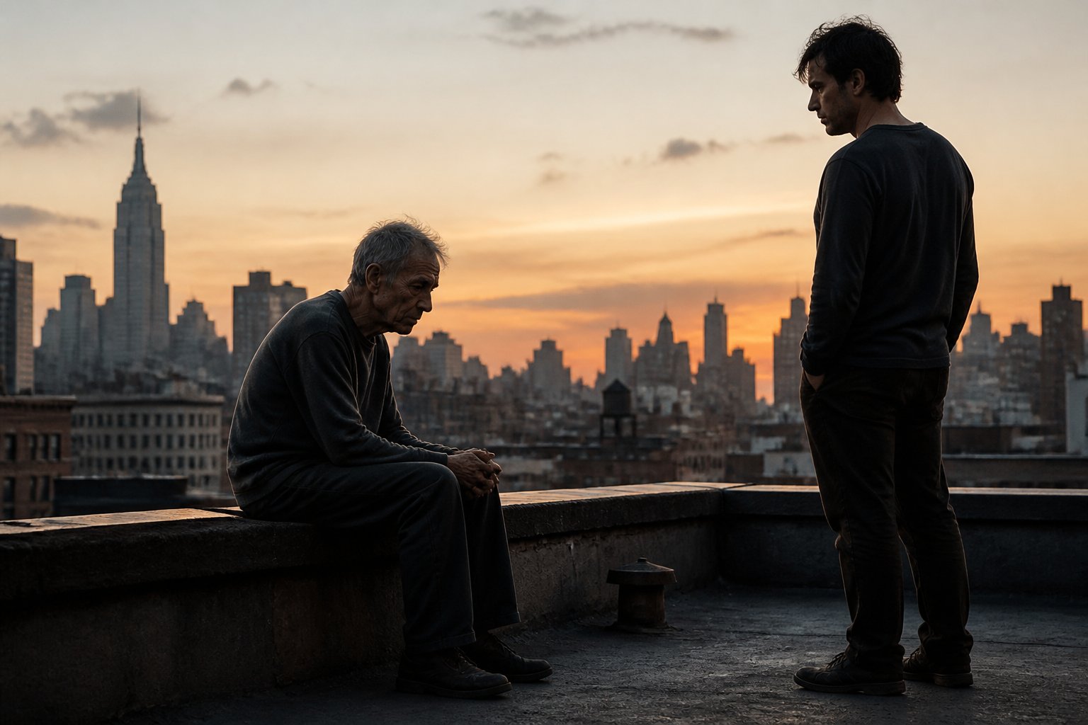 Two men on a city rooftop at dusk, one sitting quietly while the other stands nearby, sharing a solemn moment.