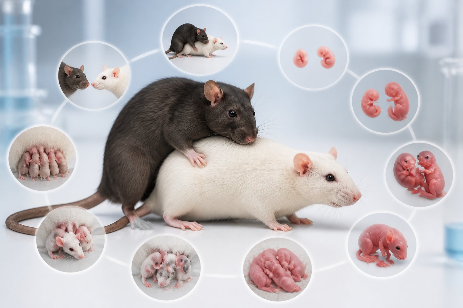 A male and female rat in a clean laboratory setting with visual elements representing stages of rat reproduction and pregnancy.