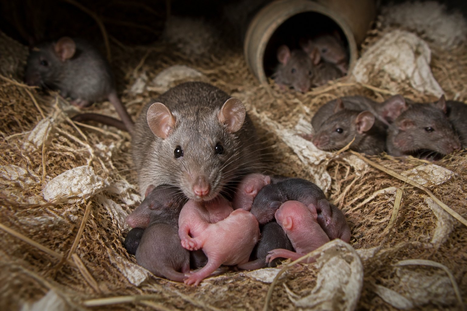 A mother rat with a litter of newborn baby rats nestled together in a nest, surrounded by other rats in a natural setting.
