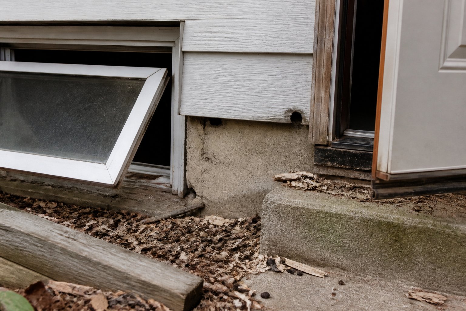 Close-up of a house entry point showing small gaps around a basement window and door with signs of rodent activity near the foundation.