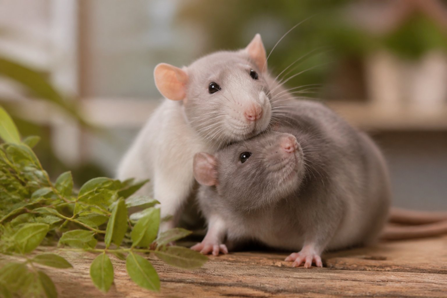 Two healthy rats interacting closely on a wooden surface with green leaves nearby.