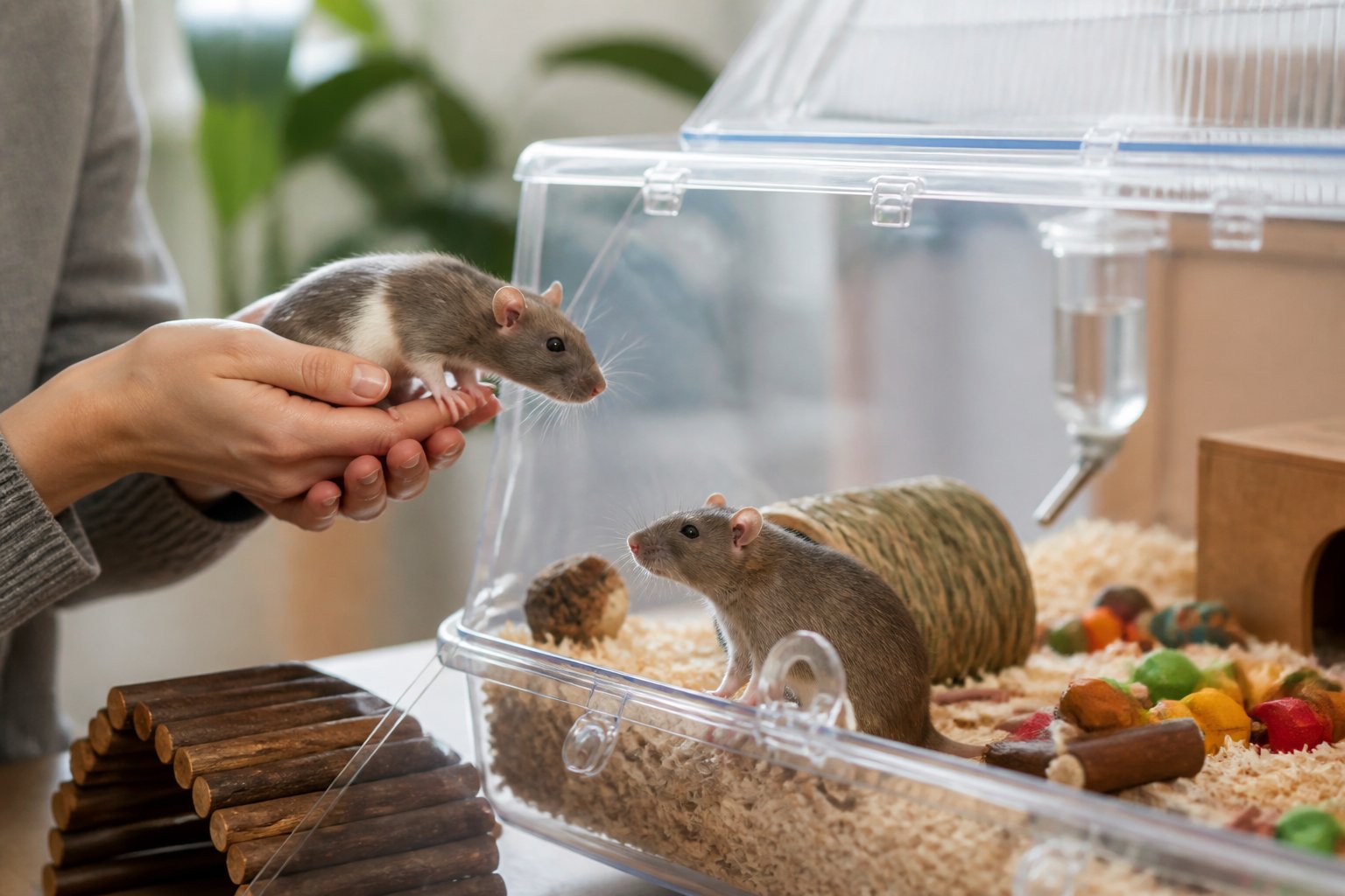 Two pet rats being carefully introduced in a clean cage with a person gently holding one rat near another inside the cage.