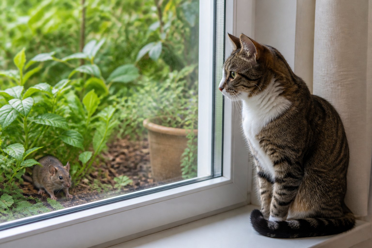 A cat sitting on a windowsill looking outside where a rat is cautiously near some plants.