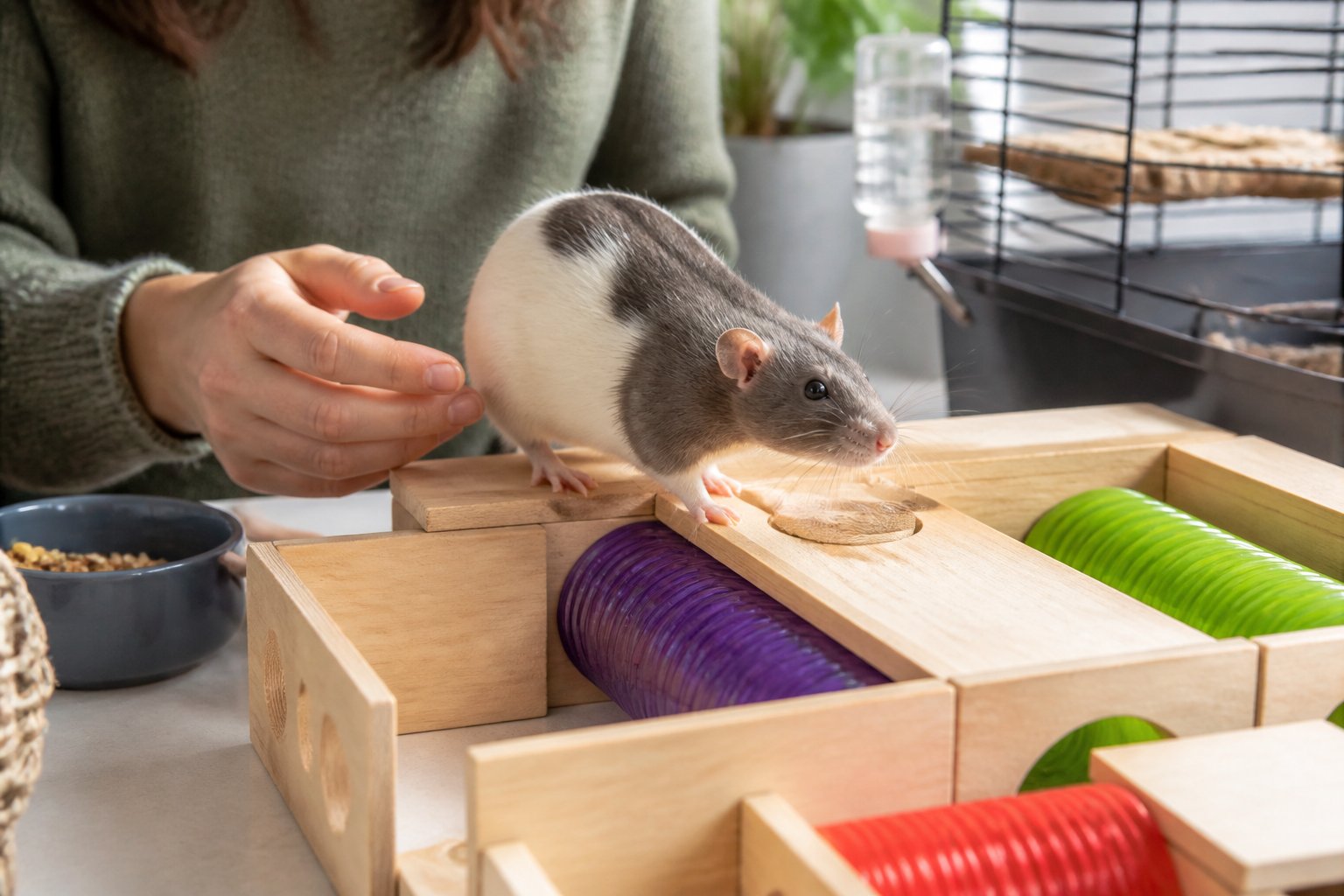 A pet rat exploring a small maze on a tabletop in a cozy home environment with pet accessories nearby.