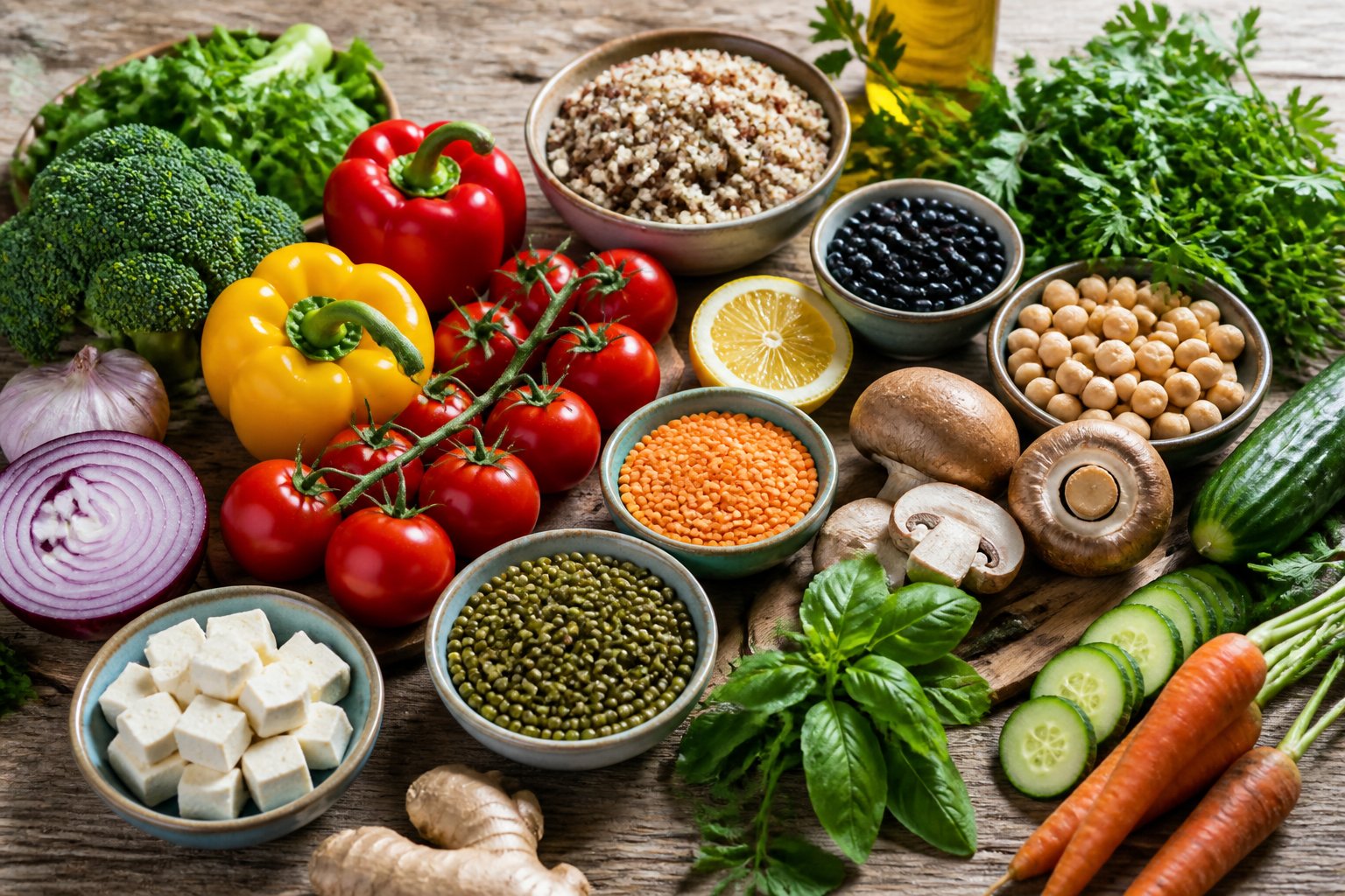 A variety of fresh vegetables, legumes, and grains arranged on a wooden table, showcasing plant-based foods as alternatives to meat.