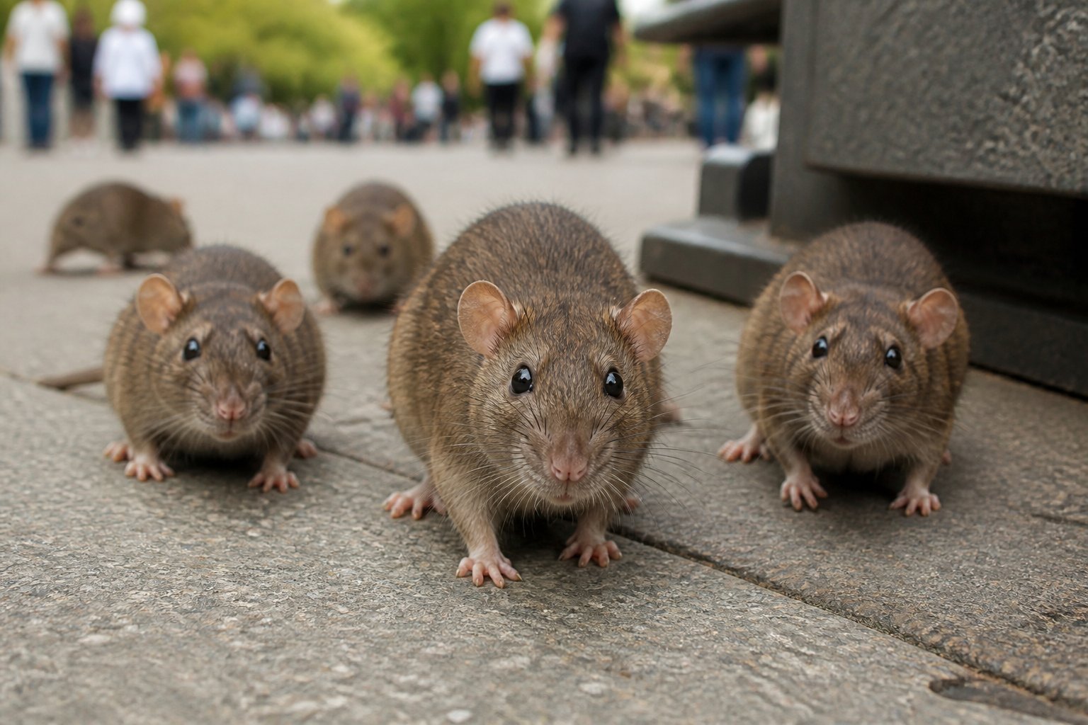 A group of rats calmly exploring a sidewalk near a blurred human presence in an urban setting.