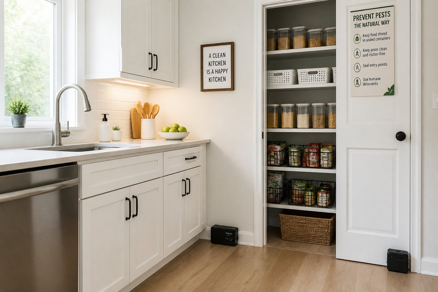 A clean kitchen with sealed food containers and pest control measures to prevent rats.