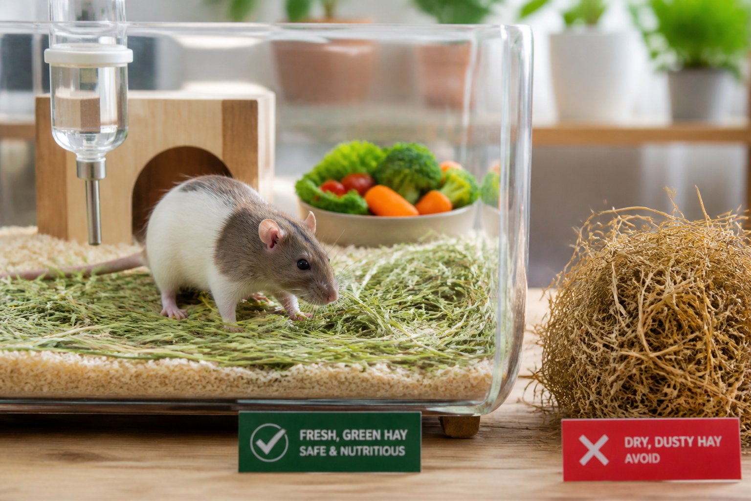 A pet rat inside a clear enclosure with fresh green hay, soft bedding, and pet supplies nearby.