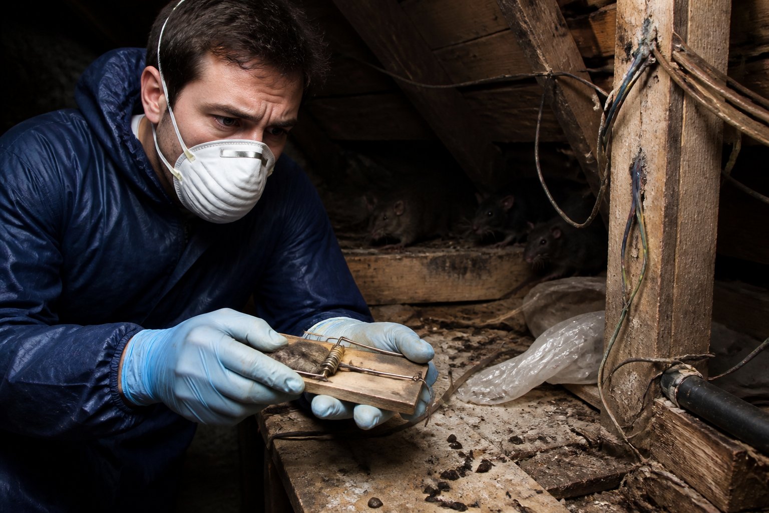 A person wearing protective gloves and a mask handling a rat trap in a dimly lit basement with signs of a rat infestation.