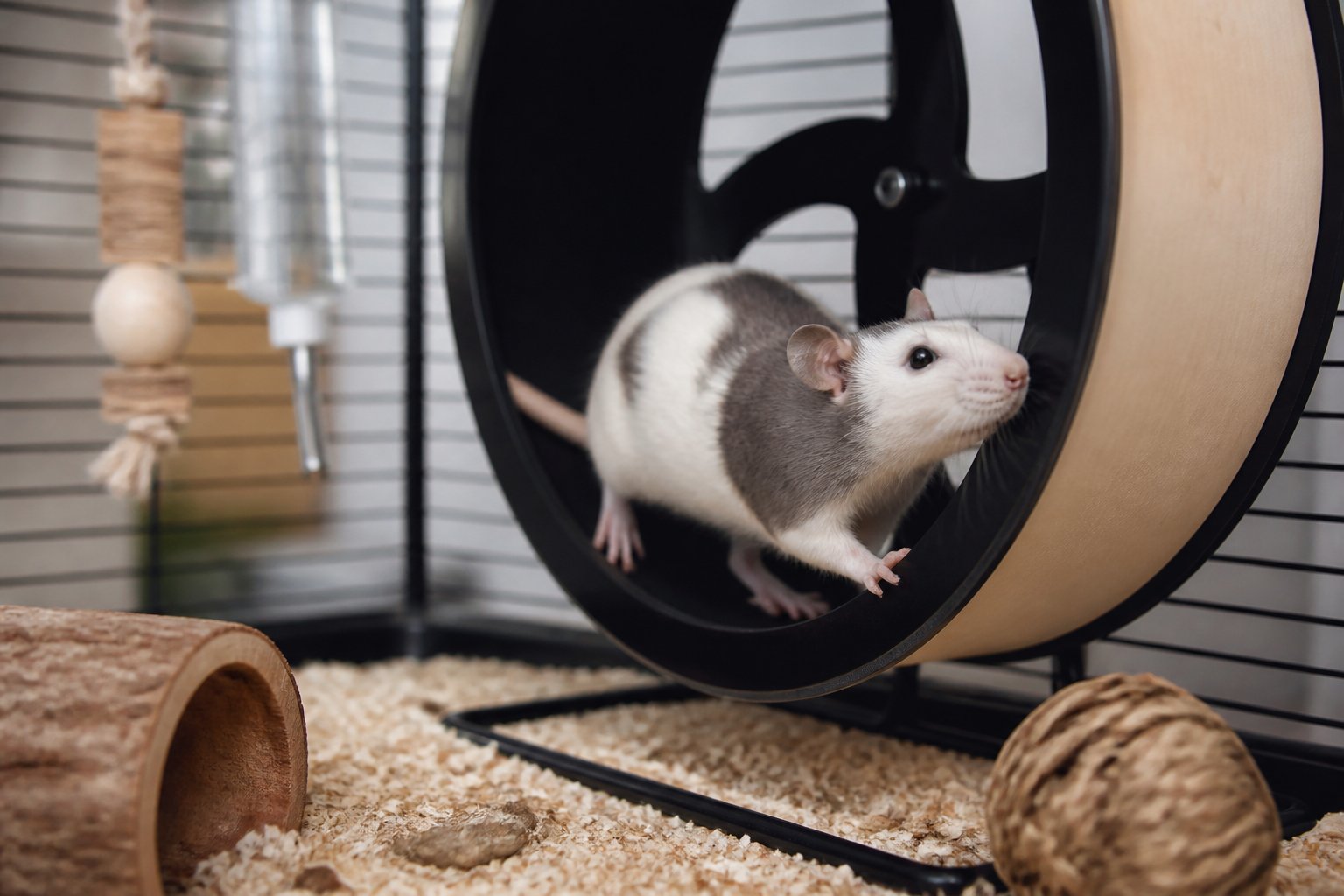 A pet rat running on an exercise wheel inside a clean cage with bedding and toys.