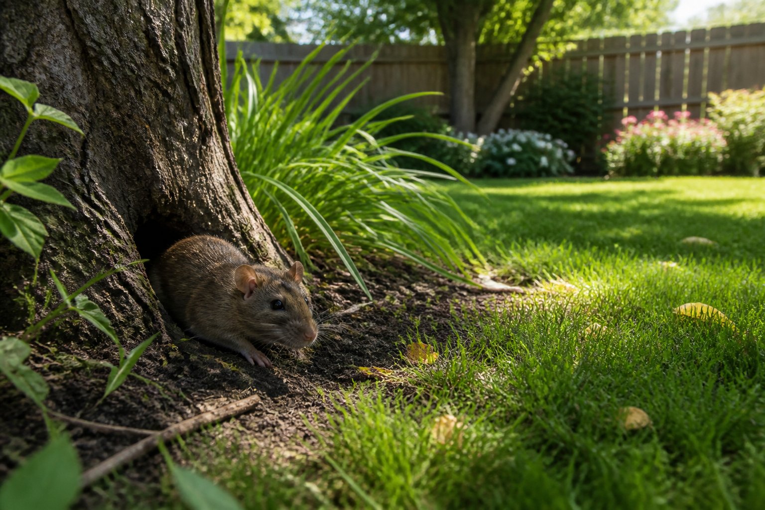 A small brown rat emerging from a hole near a tree in a sunny suburban backyard with grass and flowers.