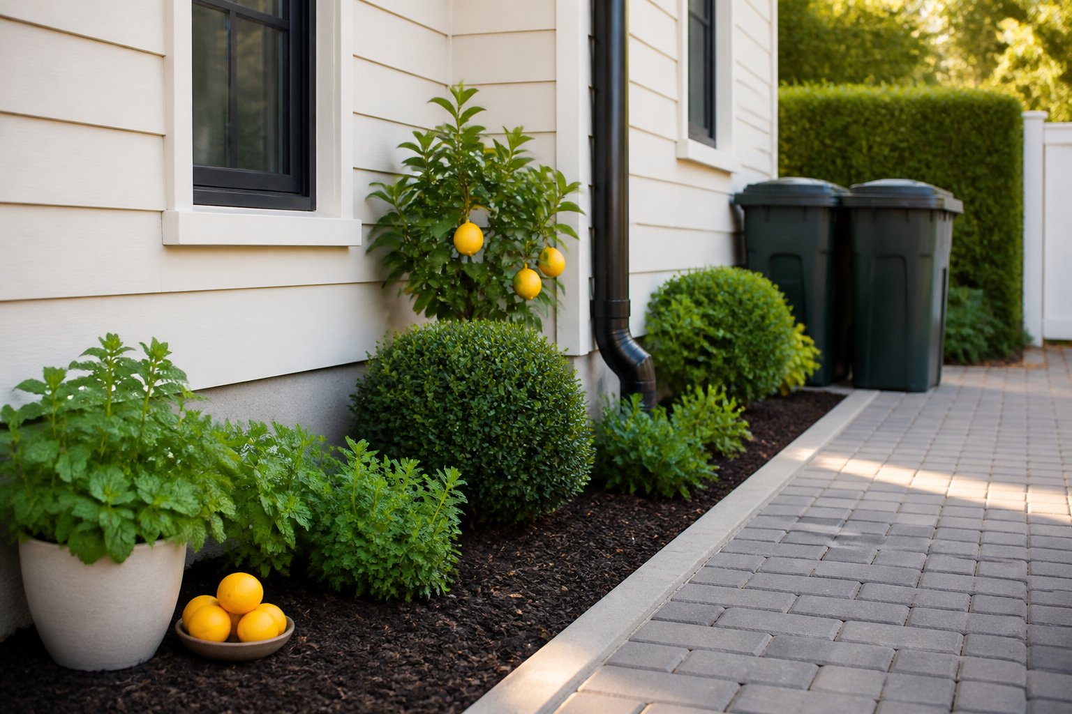A clean home exterior with trimmed bushes, sealed garbage bins, peppermint plants, and citrus fruits placed around the garden, showing an environment rats avoid.
