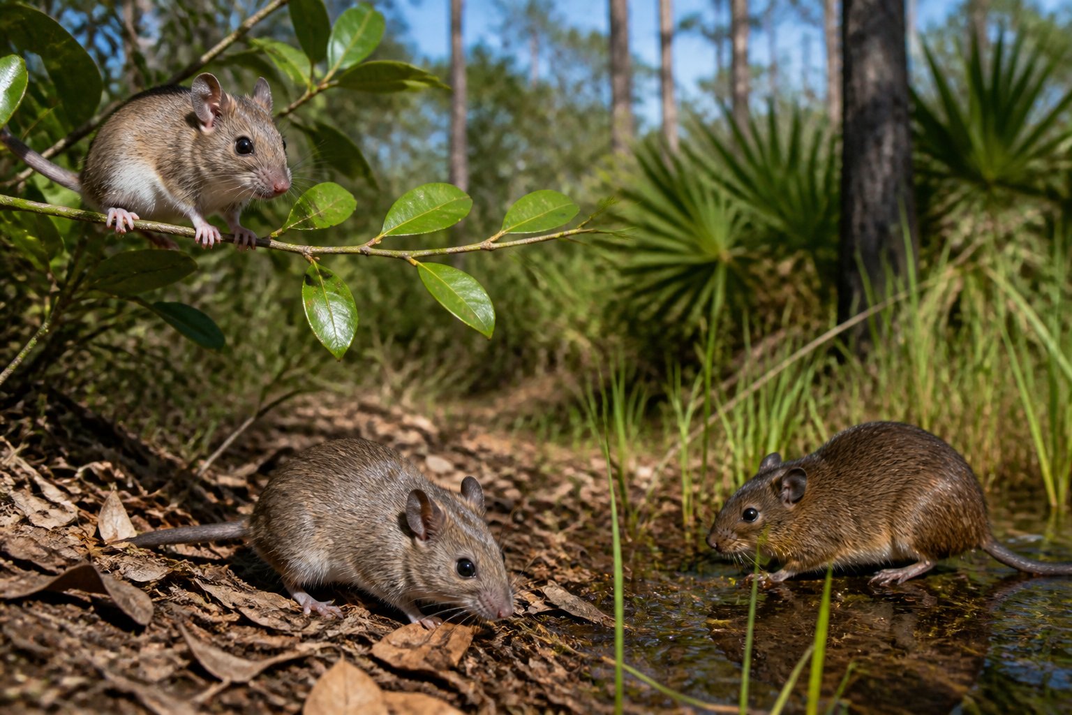 A close-up of several small rodents in a Florida natural setting, including a cotton mouse on a branch, a woodrat on the forest floor, and a marsh rice rat near marsh grasses.