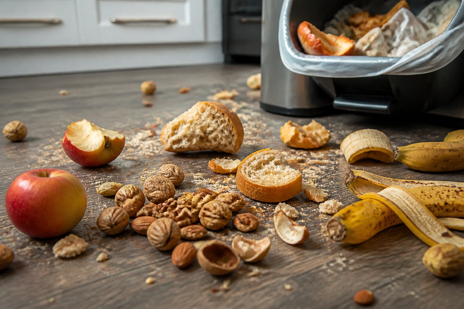 Close-up of various food scraps and crumbs on a kitchen floor near an open garbage bin.