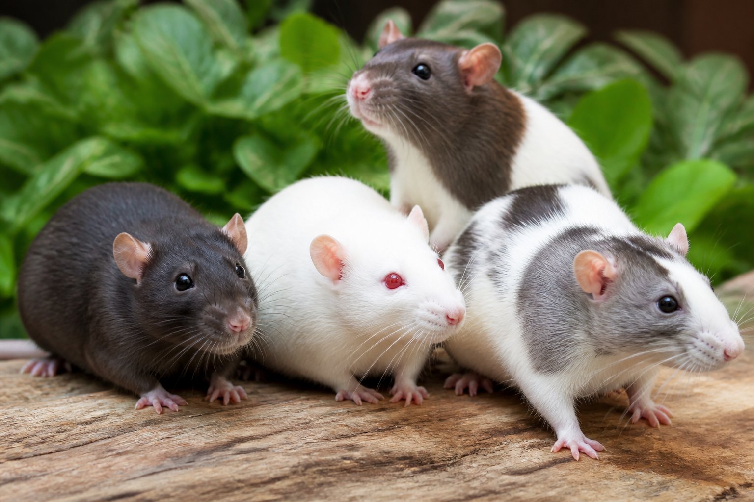 Several different pet rats of various colors sitting calmly on a wooden surface with green plants in the background.