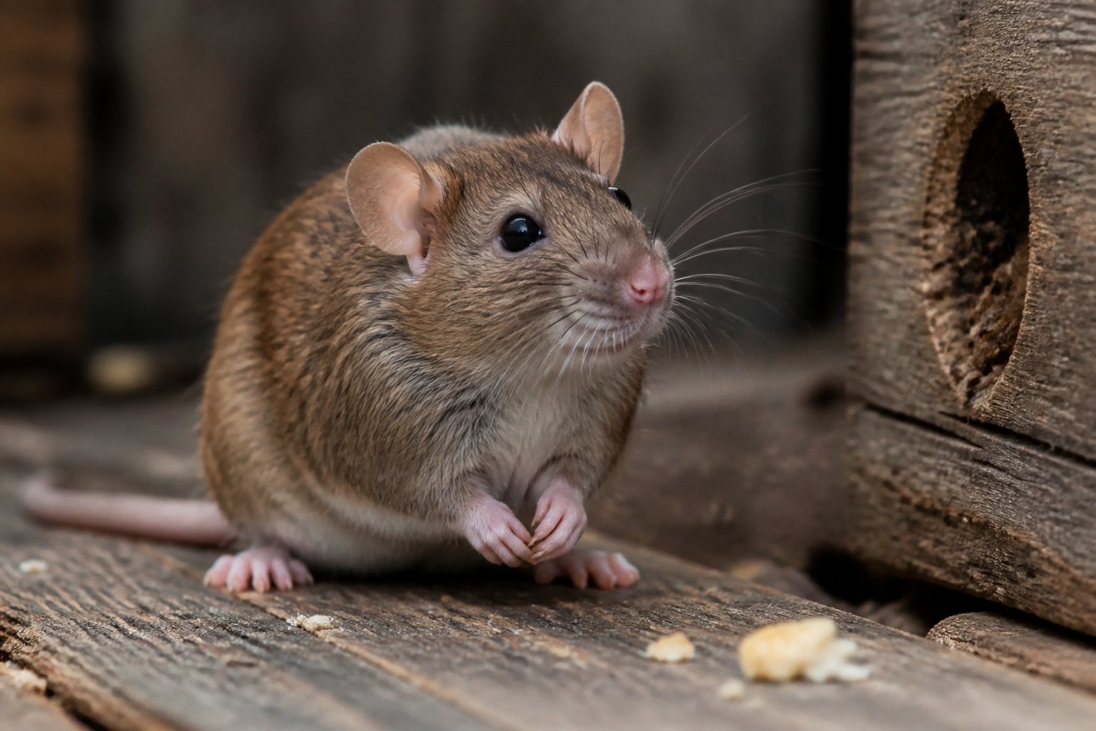 A brown rat sitting alert on a wooden surface with scattered crumbs around it.