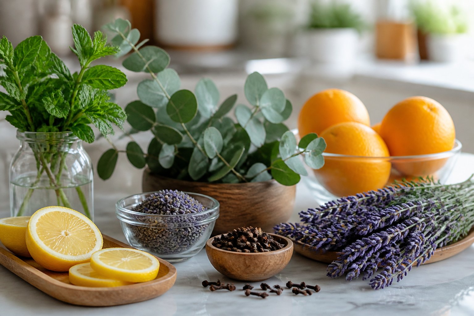 A kitchen countertop with fresh mint, eucalyptus, lavender, citrus fruits, and cloves arranged in bowls and trays.