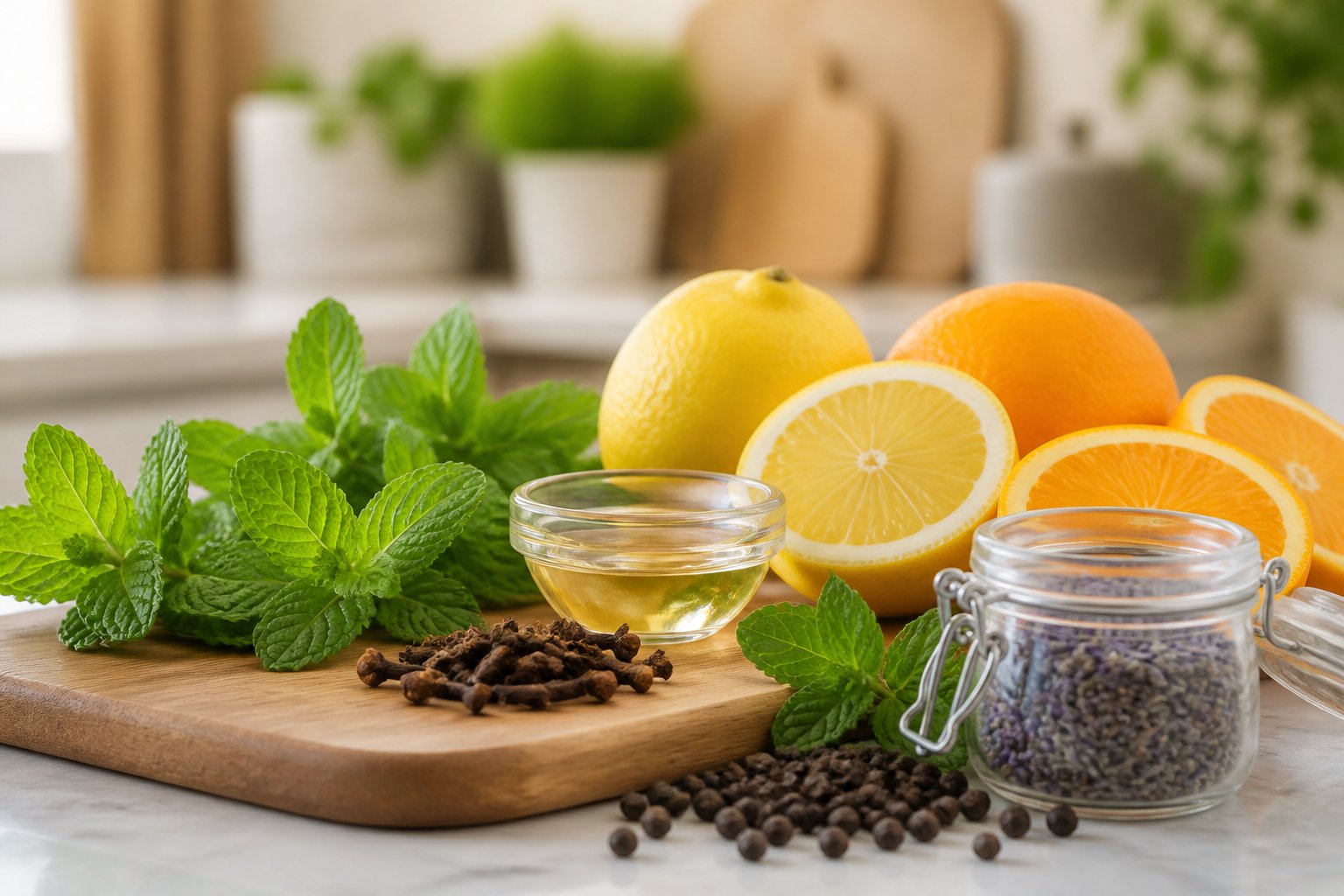 A kitchen counter with fresh mint, cloves, citrus fruits, dried lavender, and black peppercorns arranged on a wooden board and in small containers.