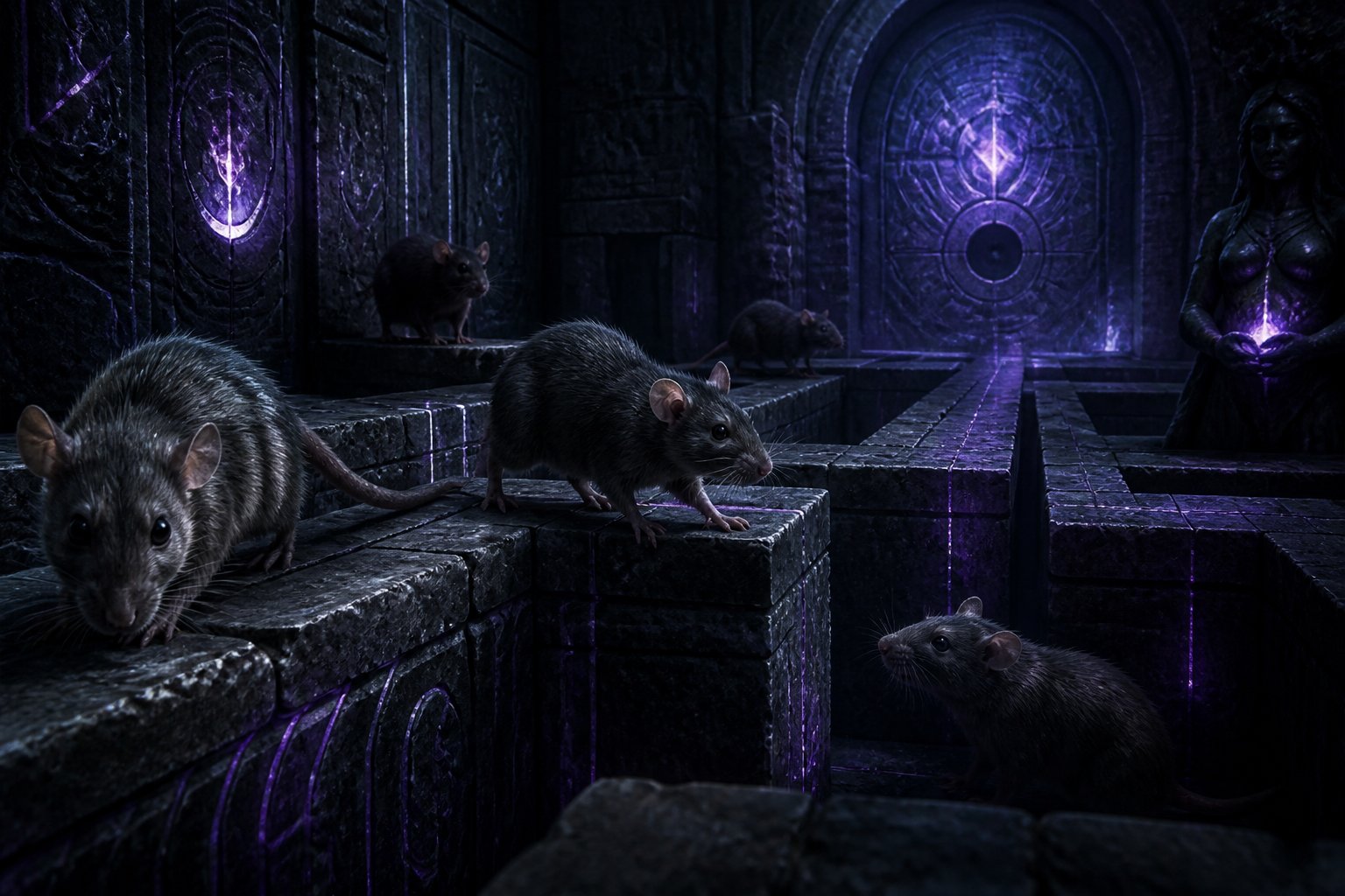 Small rats navigating a dark, ancient stone labyrinth with glowing runes and shadows.