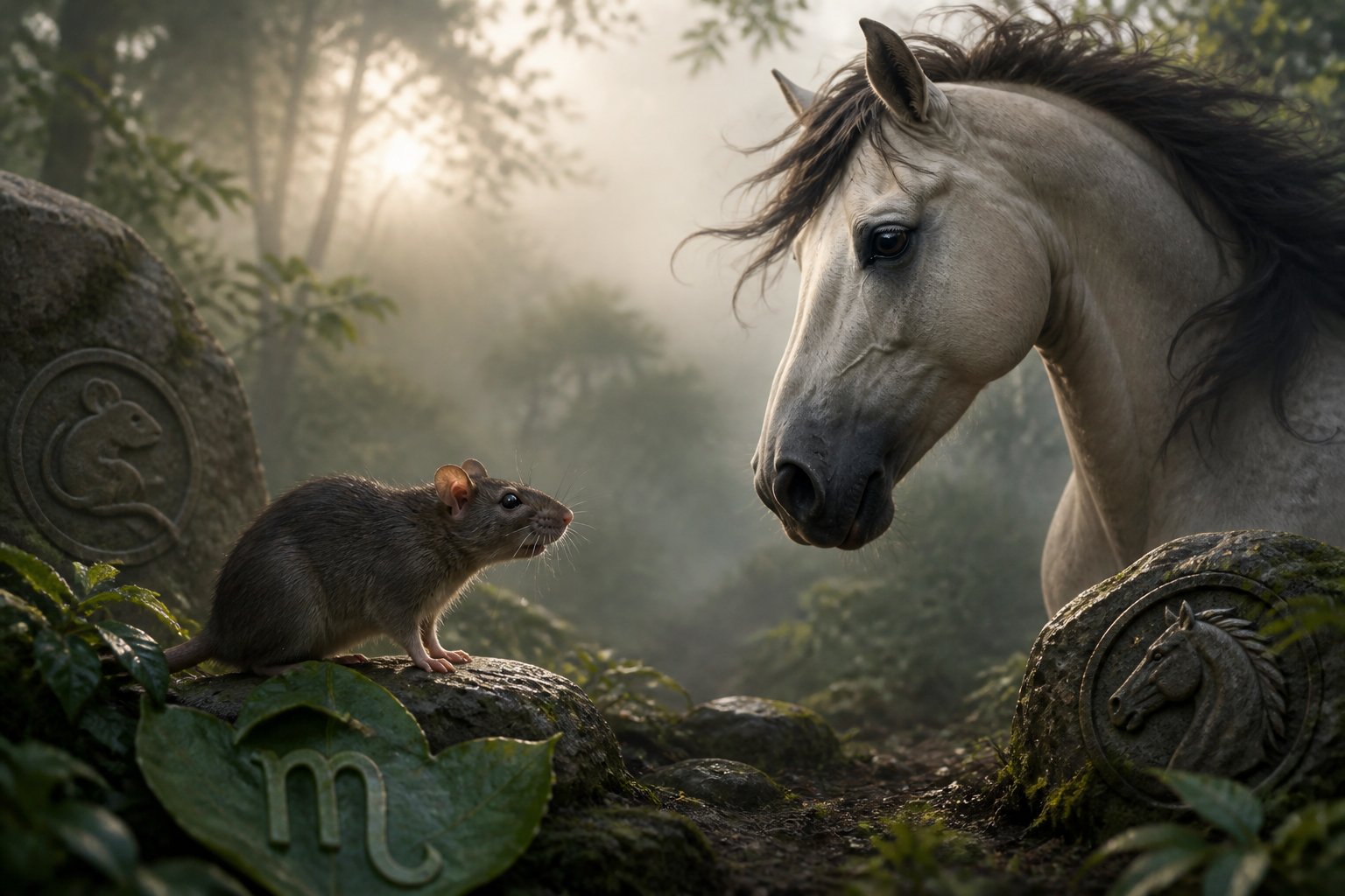 A realistic rat and a horse facing each other in a misty forest clearing, symbolizing zodiac rivalry.