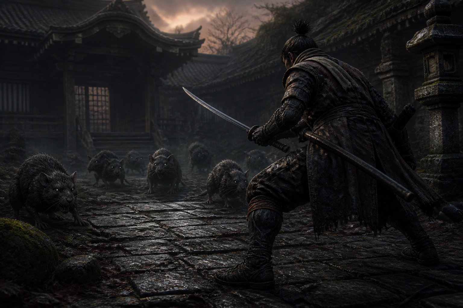 A samurai warrior in traditional armor stands ready to fight several large rats in a dark, ancient Japanese temple courtyard at dusk.