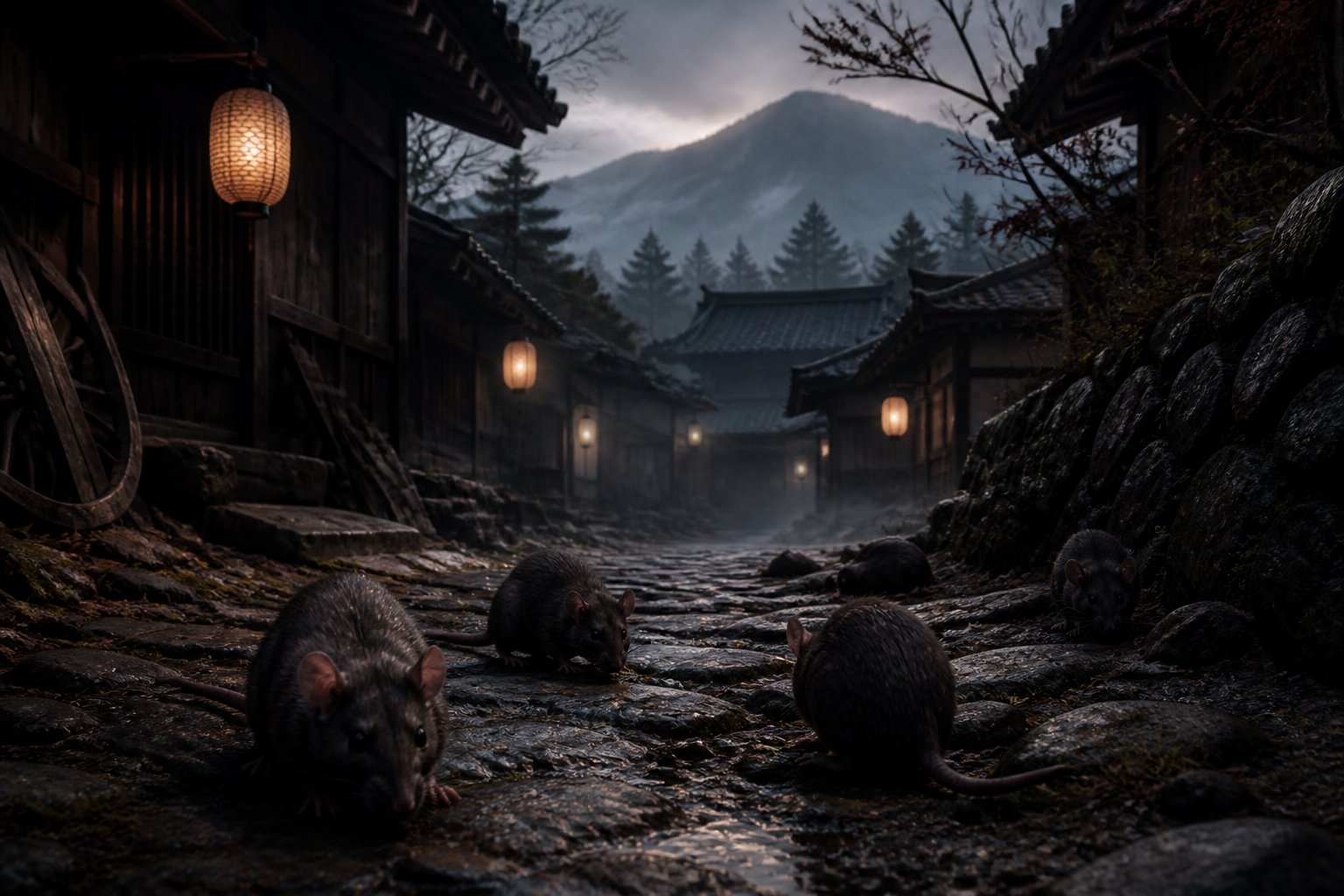 A dimly lit Japanese village alley at dusk with several rats exploring the cobblestone path under glowing paper lanterns.