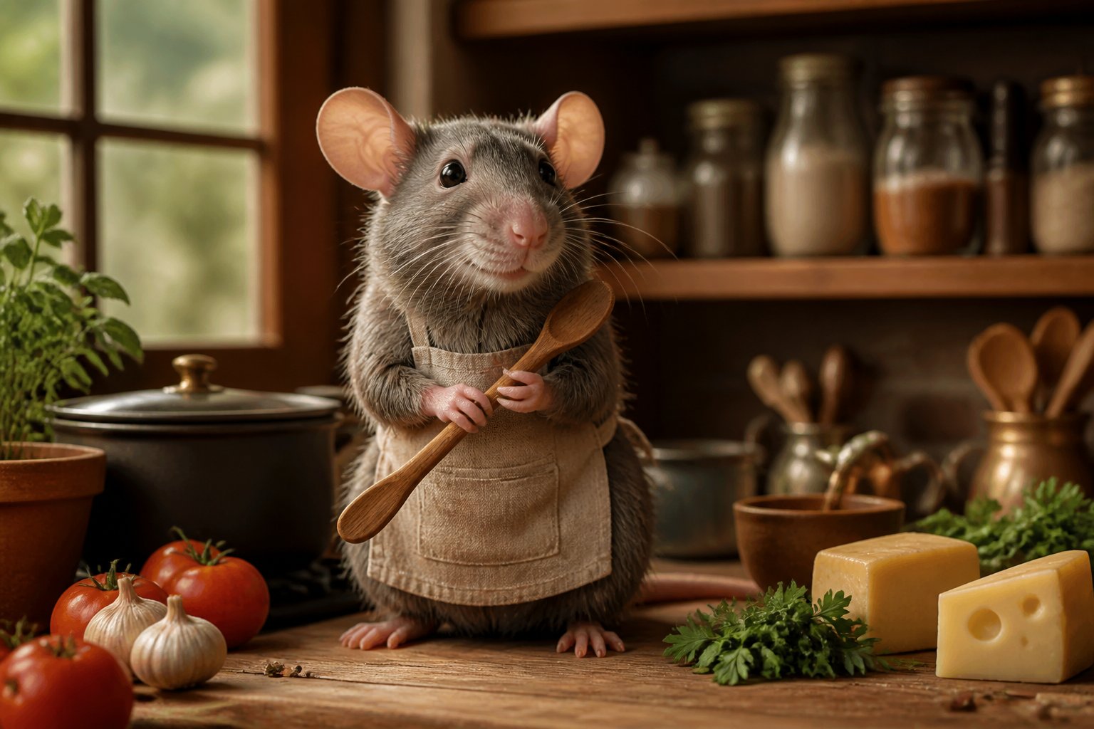 A rat standing on a kitchen countertop holding a wooden spoon surrounded by cooking ingredients and utensils.