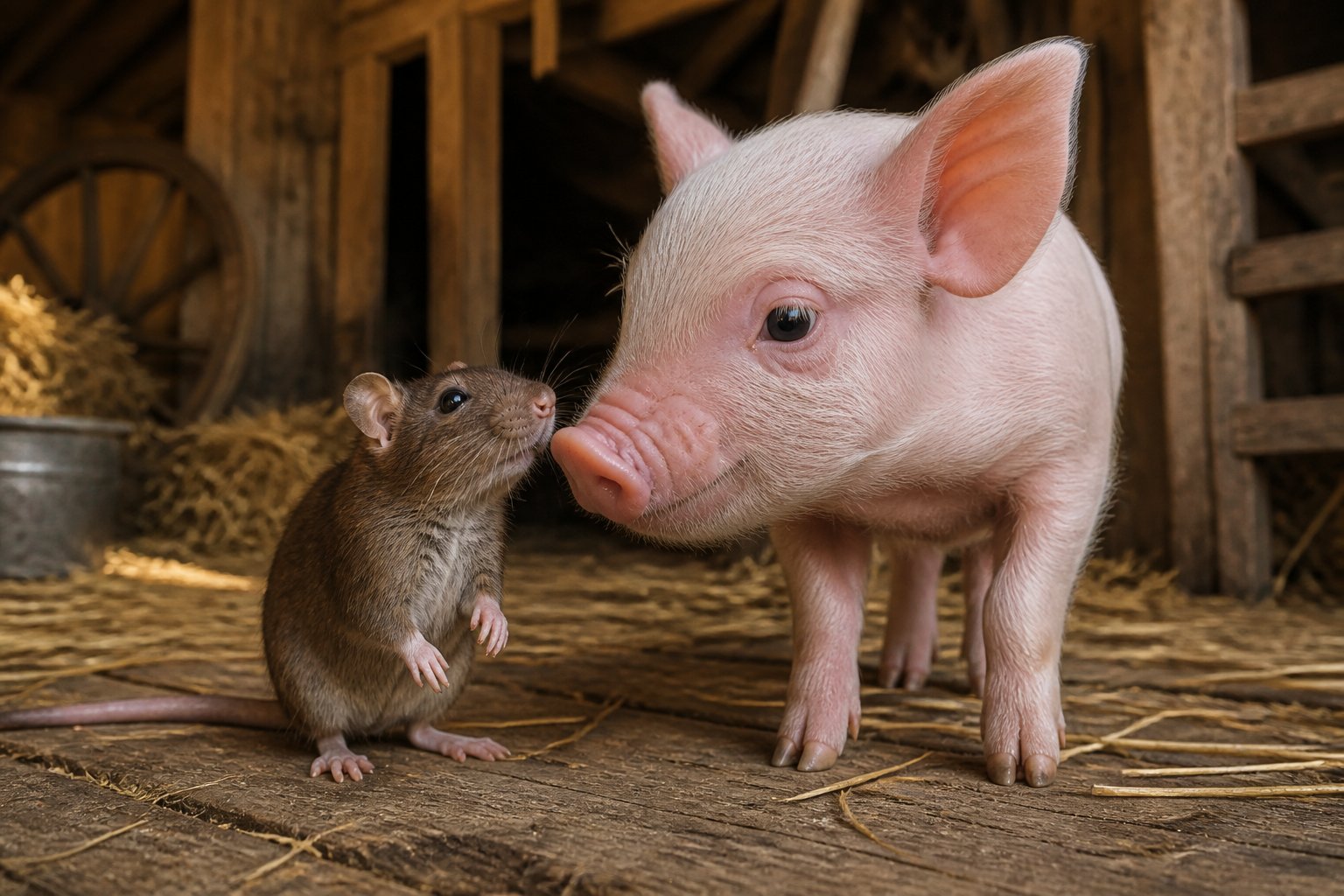 A small brown rat standing near a pink piglet inside a barn with hay and wooden beams.