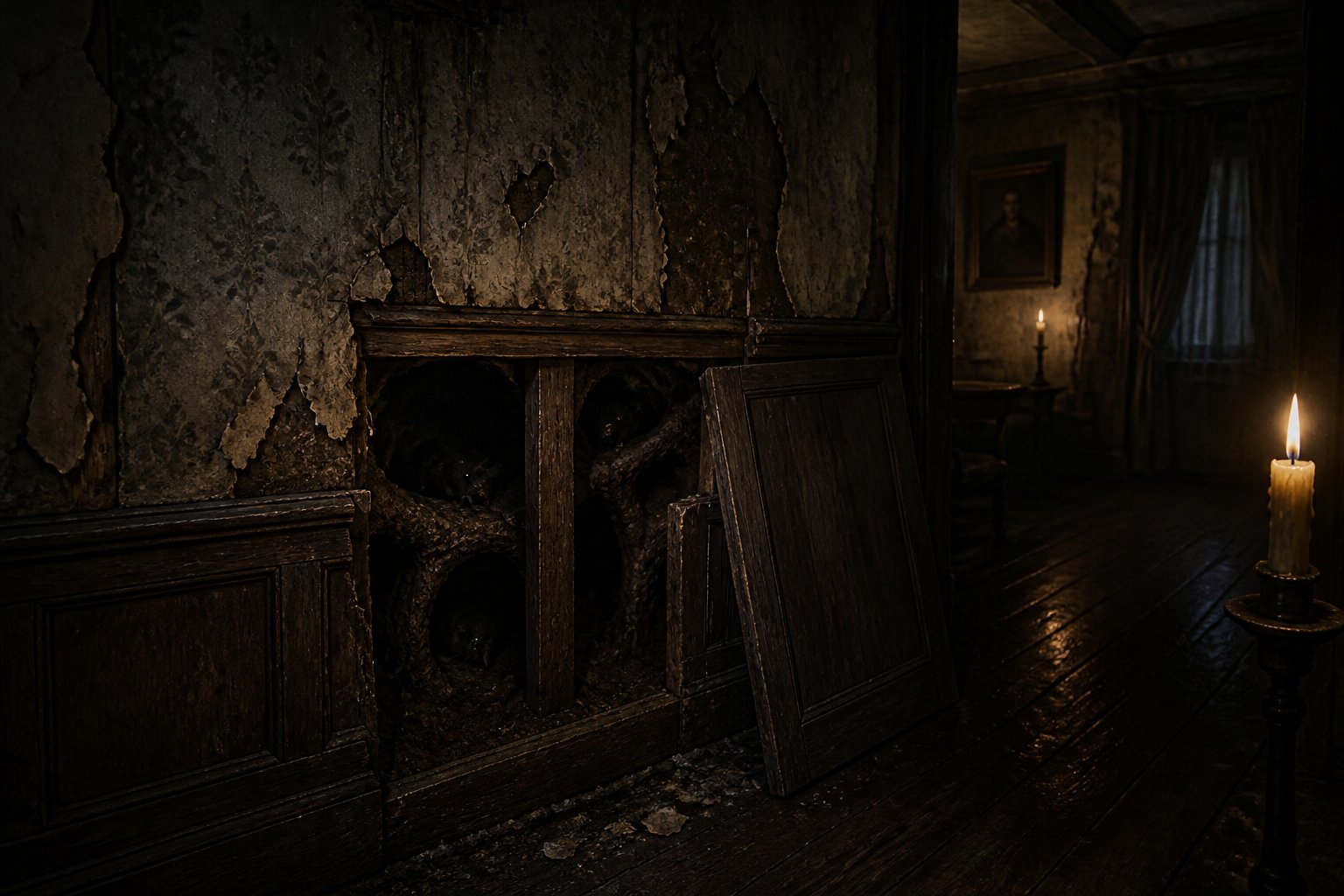 An old Victorian house interior with a partially open wall revealing dark tunnels inside and faint shapes moving within.