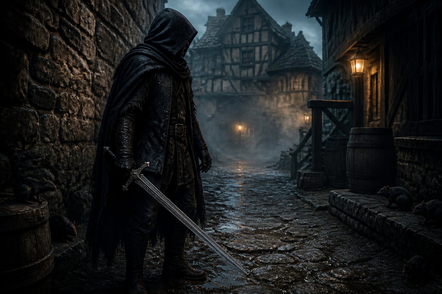 A cloaked figure holding a sword stands in a foggy medieval village alley with rats nearby.