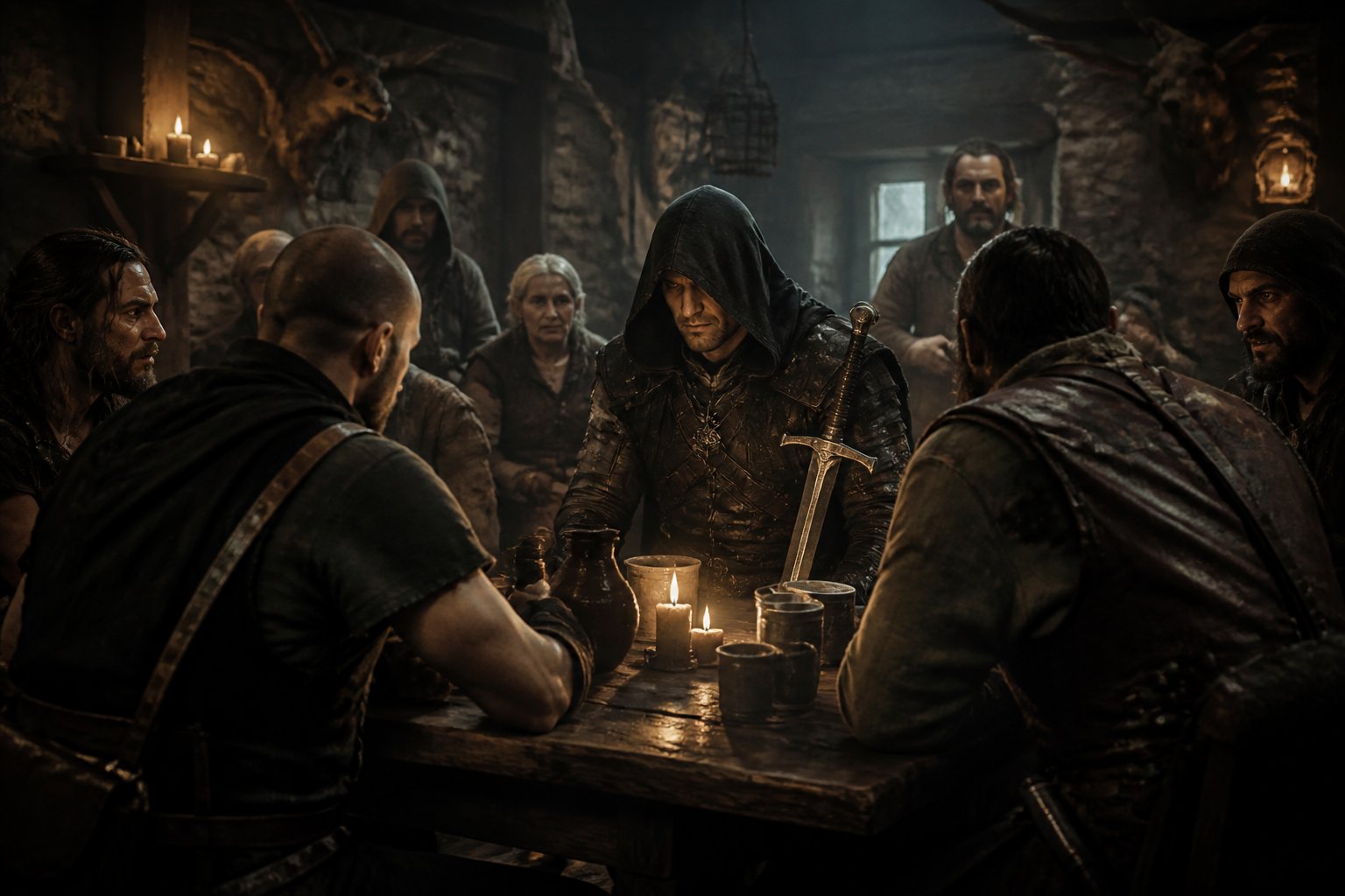 A group of medieval fantasy characters gathered around a wooden table in a dimly lit tavern, featuring a cloaked warrior with a sword and wary villagers.