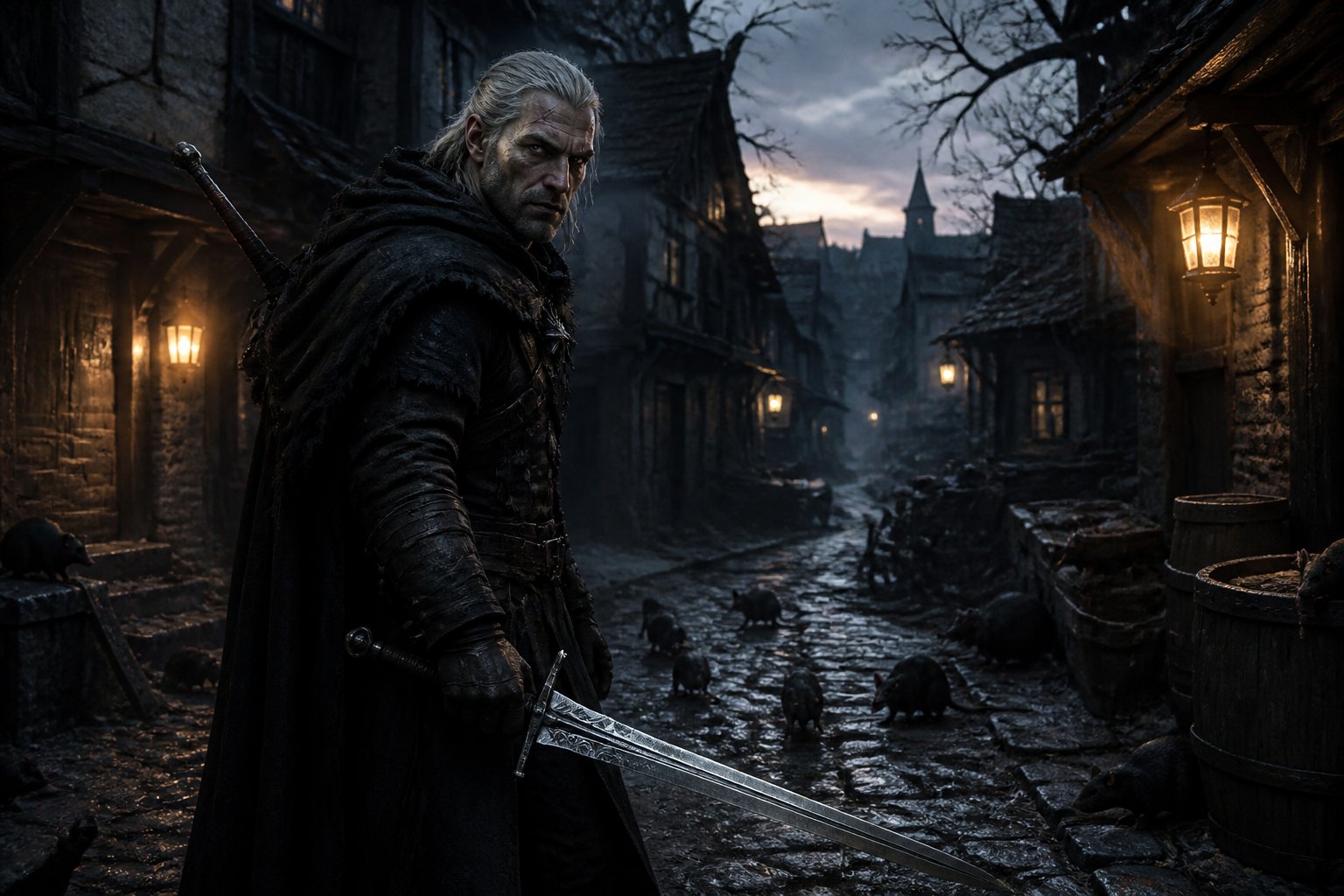 A cloaked warrior holding a sword stands in a foggy medieval village alley with rats on the cobblestone street at dusk.